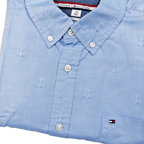 Tommy Hilfiger Men's Blue Chambray w/Anchors Button Down Shirt LG Preppy South - Picture 1 of 4